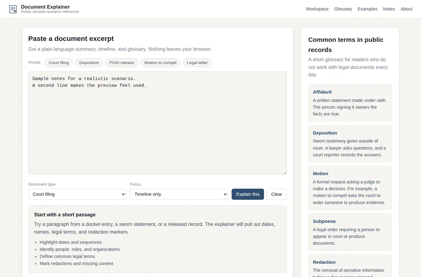Screenshot of Epstein Files Document Explainer interface showing the project page in use